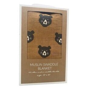 Mud Pie Muslin Baby Swaddle Blanket 47 X 47 Black Bear Face Camel Background New